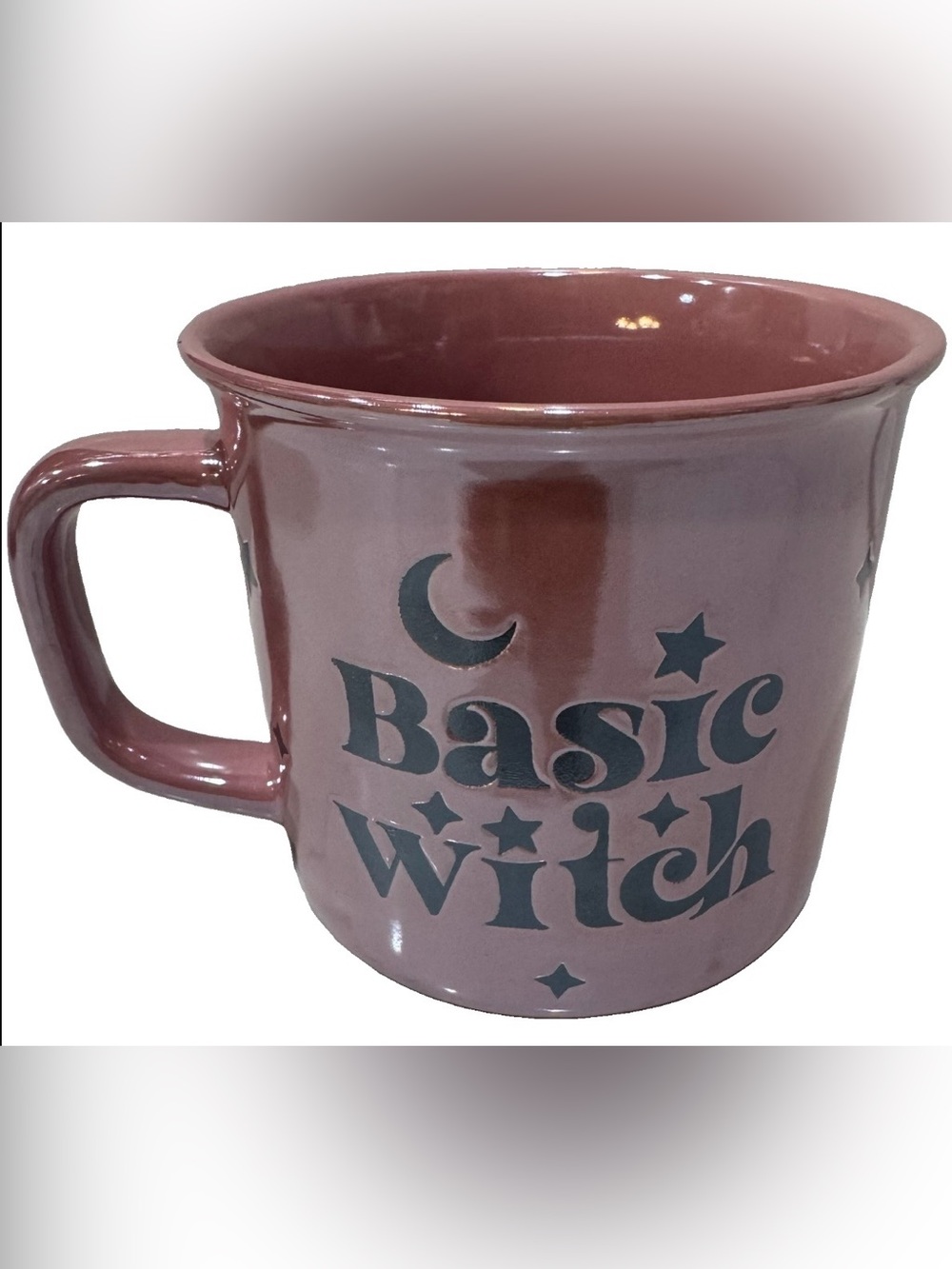 Happy Haunting Halloween Pink Aura Coffee Mug “Basic Witch” Moon Stars Dual Side